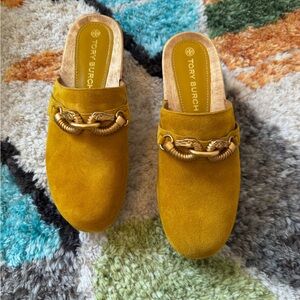 Tory Burch Gold-Chain Mustard Suede clogs